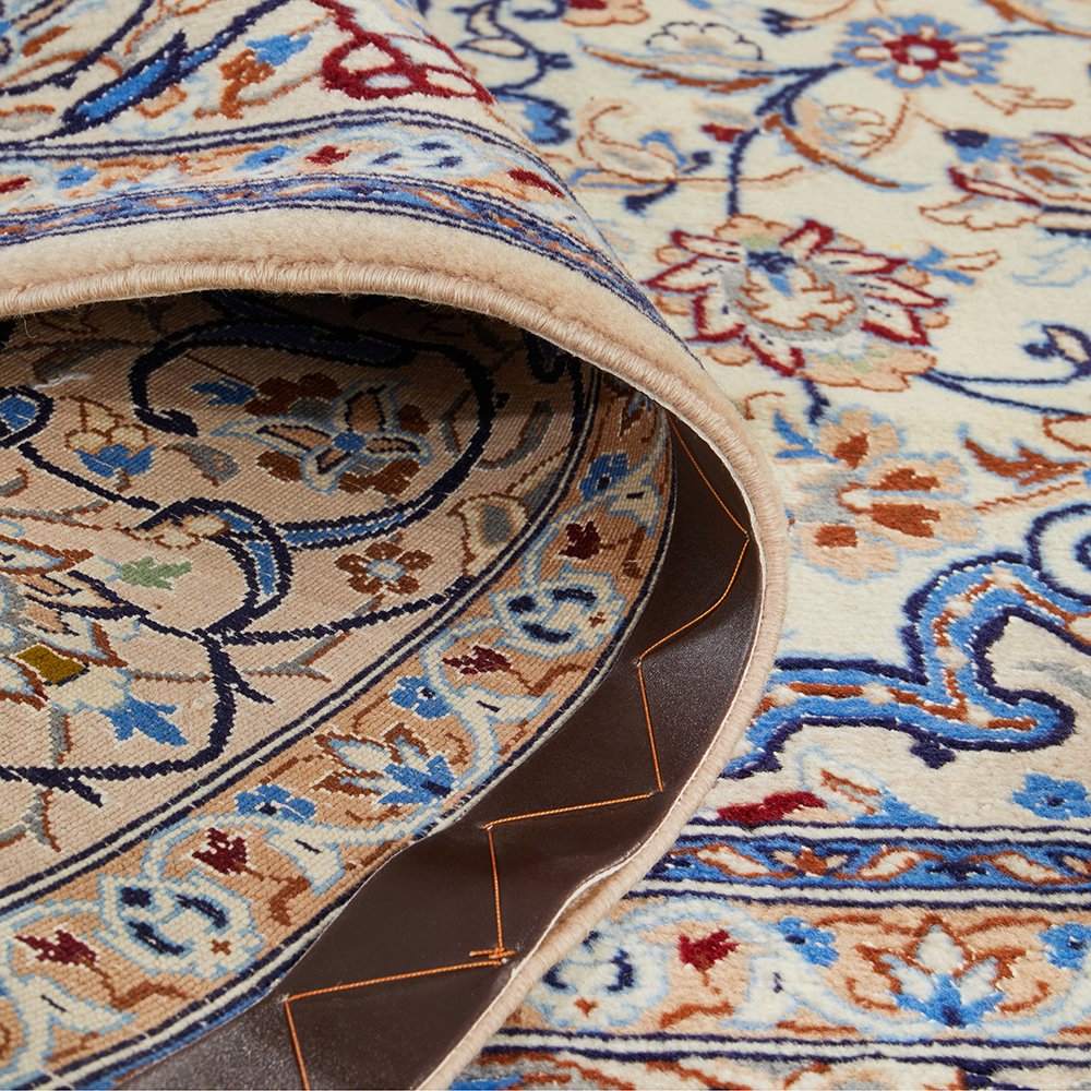 Persian Cream Blue Tan Multi Colour Medallion Floral Patterned Naein Hand Knotted Wool Rug - 7