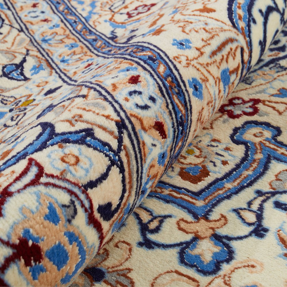 Persian Cream Blue Tan Multi Colour Medallion Floral Patterned Naein Hand Knotted Wool Rug - 8