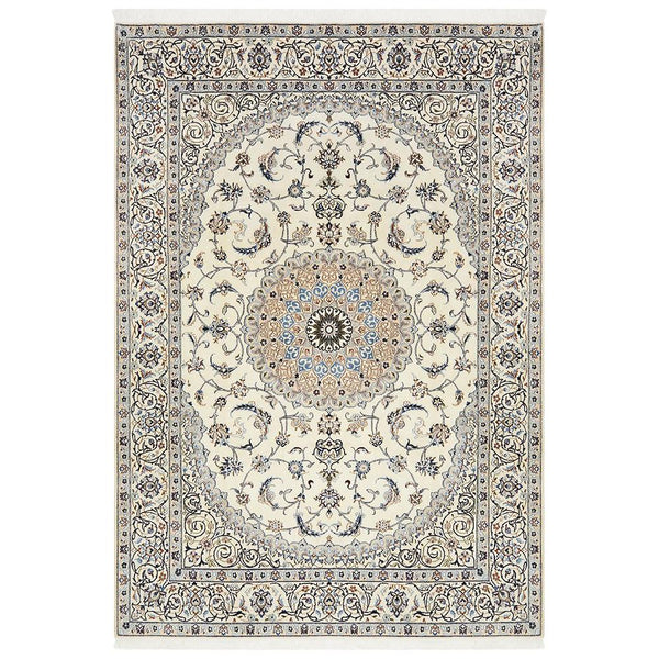 Persian Cream Blue Tan Multi Colour Medallion Floral Patterned Naein Hand Knotted Wool Rug - 1