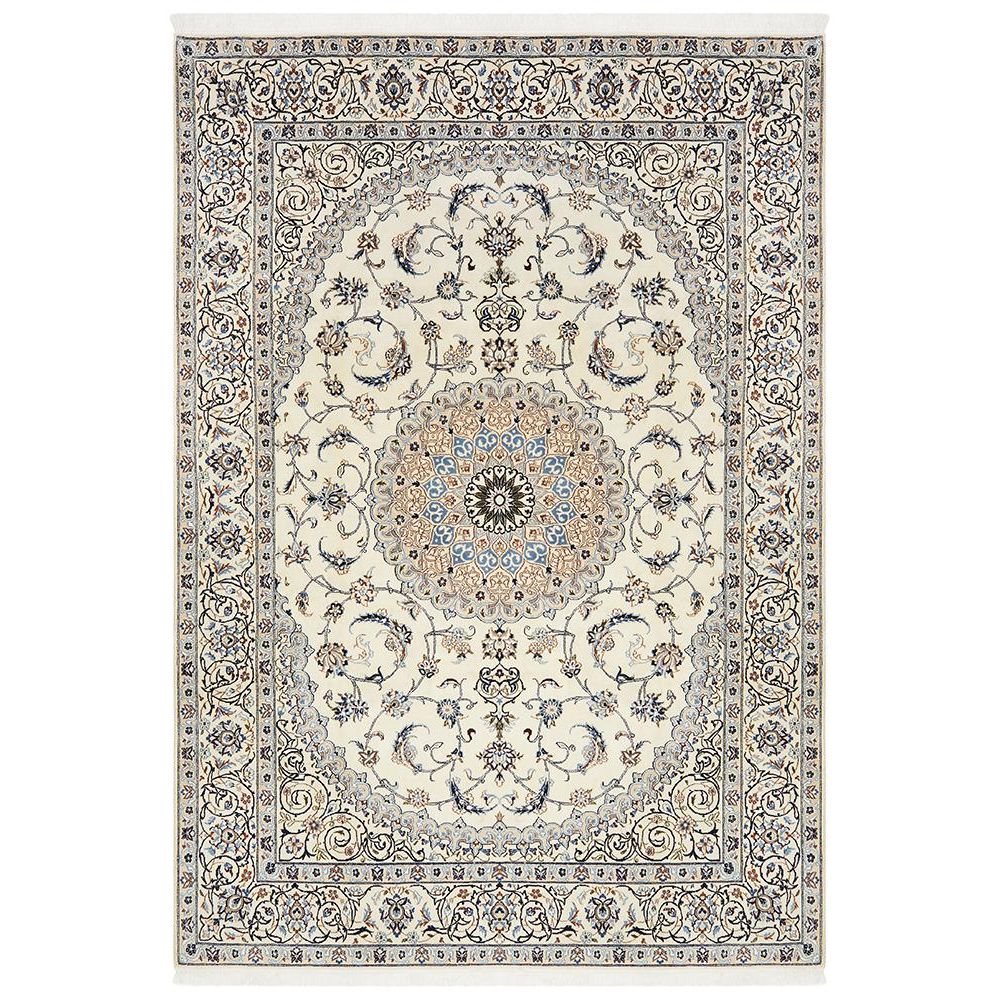 Persian Cream Blue Tan Multi Colour Medallion Floral Patterned Naein Hand Knotted Wool Rug - 1