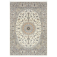 Persian Cream Blue Tan Multi Colour Medallion Floral Patterned Naein Hand Knotted Wool Rug - 1