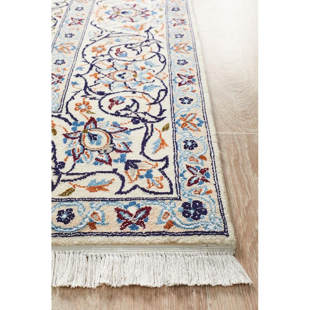Persian Cream Blue Tan Multi Colour Medallion Floral Patterned Naein Hand Knotted Wool Rug - 3