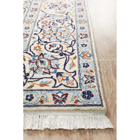 Persian Cream Blue Tan Multi Colour Medallion Floral Patterned Naein Hand Knotted Wool Rug - 3