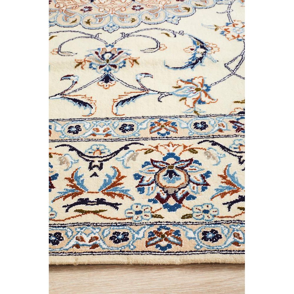 Persian Cream Blue Tan Multi Colour Medallion Floral Patterned Naein Hand Knotted Wool Rug - 4