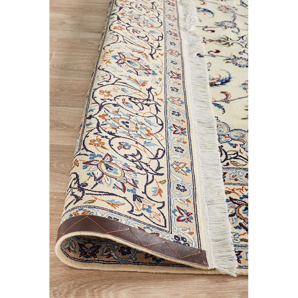 Persian Cream Blue Tan Multi Colour Medallion Floral Patterned Naein Hand Knotted Wool Rug - 6