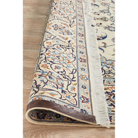 Persian Cream Blue Tan Multi Colour Medallion Floral Patterned Naein Hand Knotted Wool Rug - 6