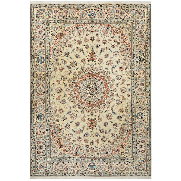 Persian Cream Blue Tan Multi Colour Medallion Floral Patterned Naein Hand Knotted Wool Rug