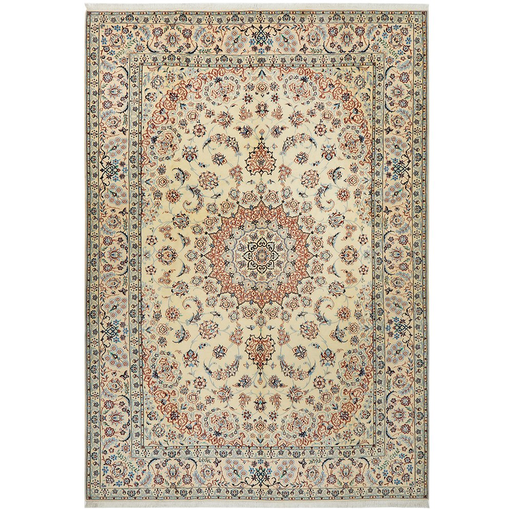 Persian Cream Blue Tan Multi Colour Medallion Floral Patterned Naein Hand Knotted Wool Rug
