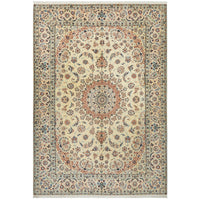 Persian Cream Blue Tan Multi Colour Medallion Floral Patterned Naein Hand Knotted Wool Rug