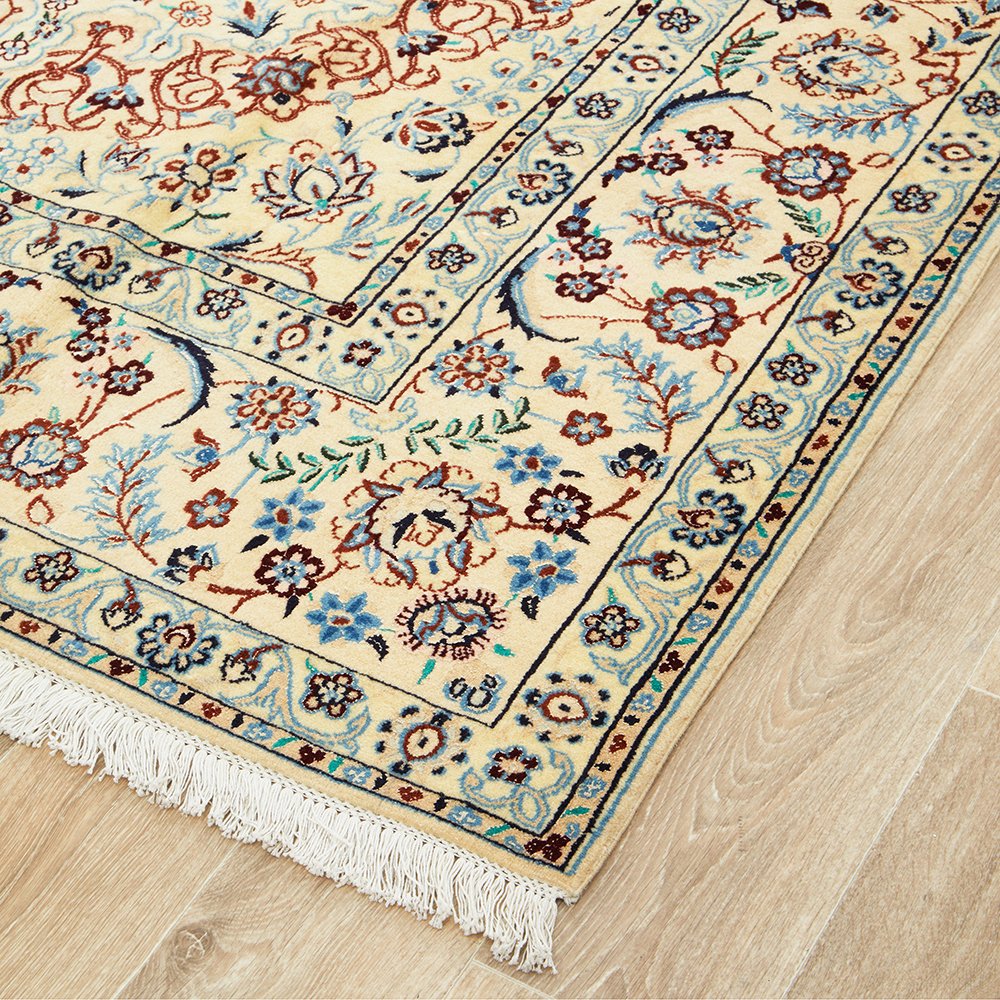Persian Cream Blue Tan Multi Colour Medallion Floral Patterned Naein Hand Knotted Wool Rug