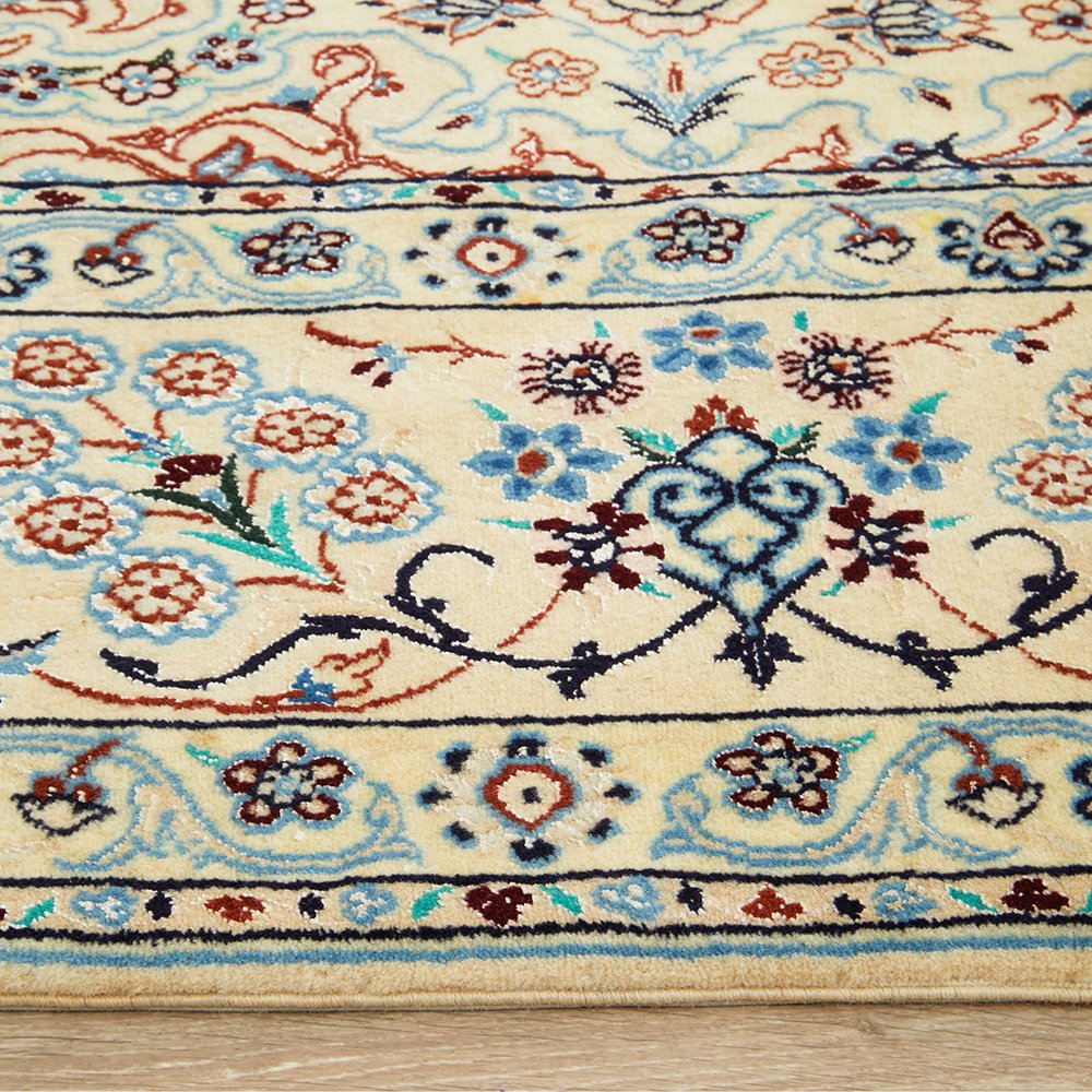 Persian Cream Blue Tan Multi Colour Medallion Floral Patterned Naein Hand Knotted Wool Rug