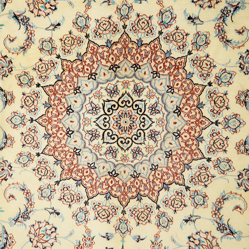 Persian Cream Blue Tan Multi Colour Medallion Floral Patterned Naein Hand Knotted Wool Rug