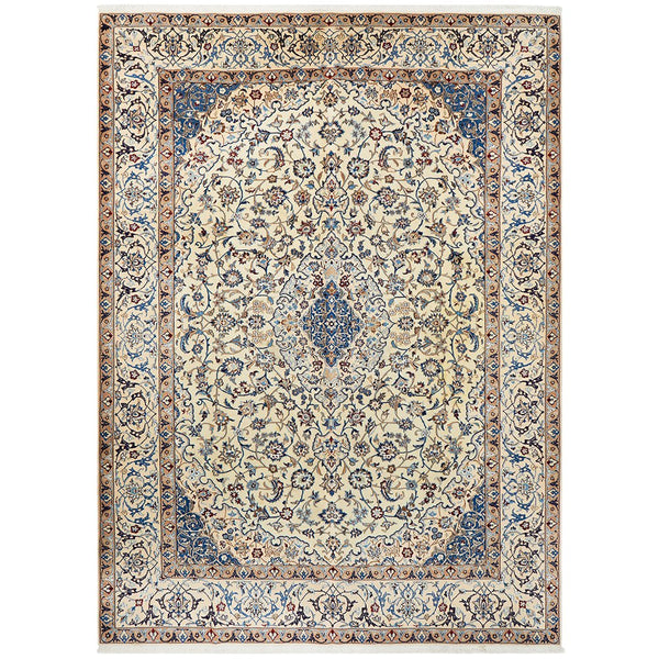Persian Cream Blue Tan Multi Colour Medallion Floral Patterned Naein Hand Knotted Wool Rug - 1