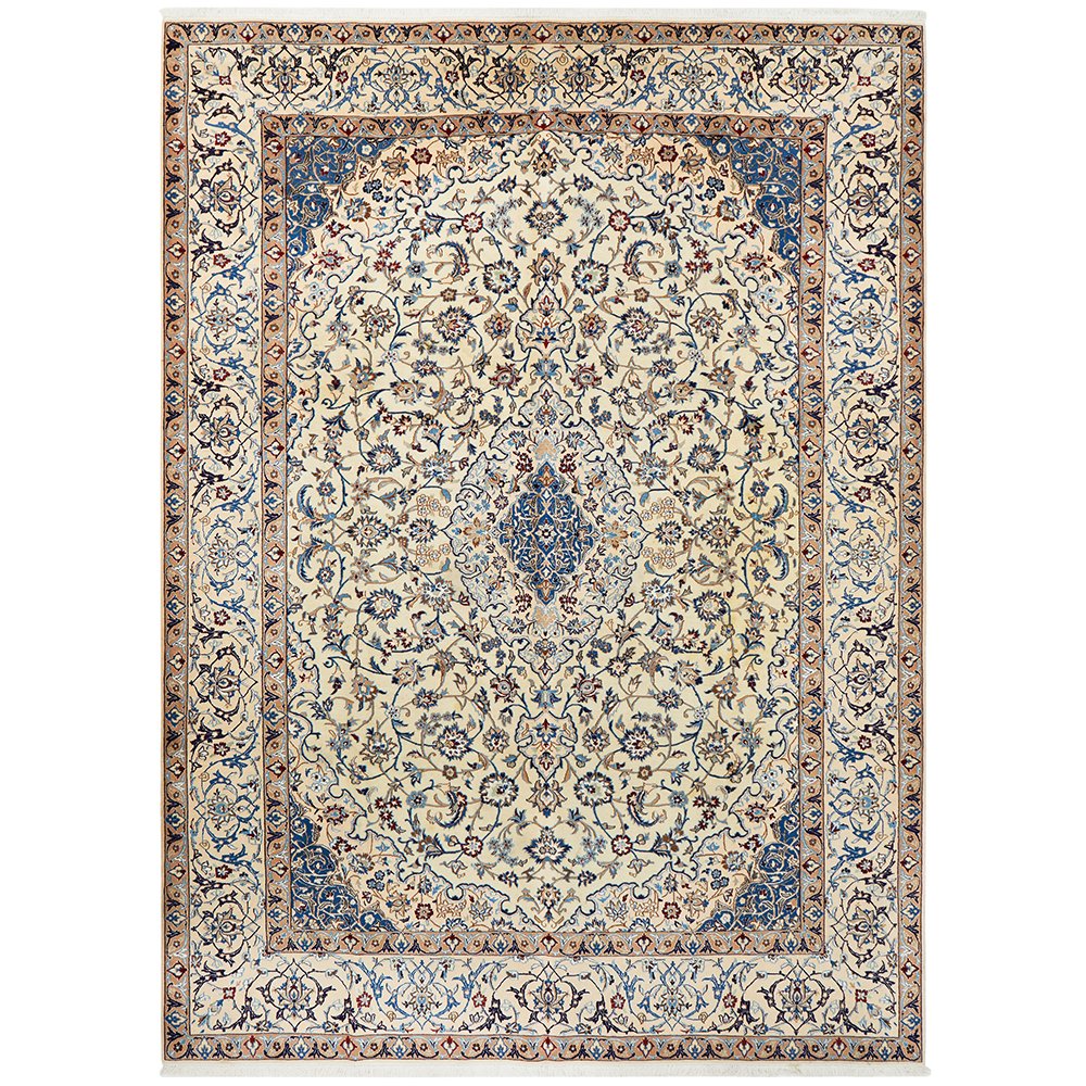 Persian Cream Blue Tan Multi Colour Medallion Floral Patterned Naein Hand Knotted Wool Rug - 1