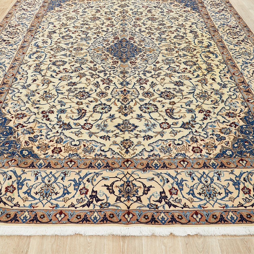 Persian Cream Blue Tan Multi Colour Medallion Floral Patterned Naein Hand Knotted Wool Rug - 2