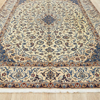 Persian Cream Blue Tan Multi Colour Medallion Floral Patterned Naein Hand Knotted Wool Rug - 2