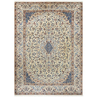 Persian Cream Blue Tan Multi Colour Medallion Floral Patterned Naein Hand Knotted Wool Rug - 1