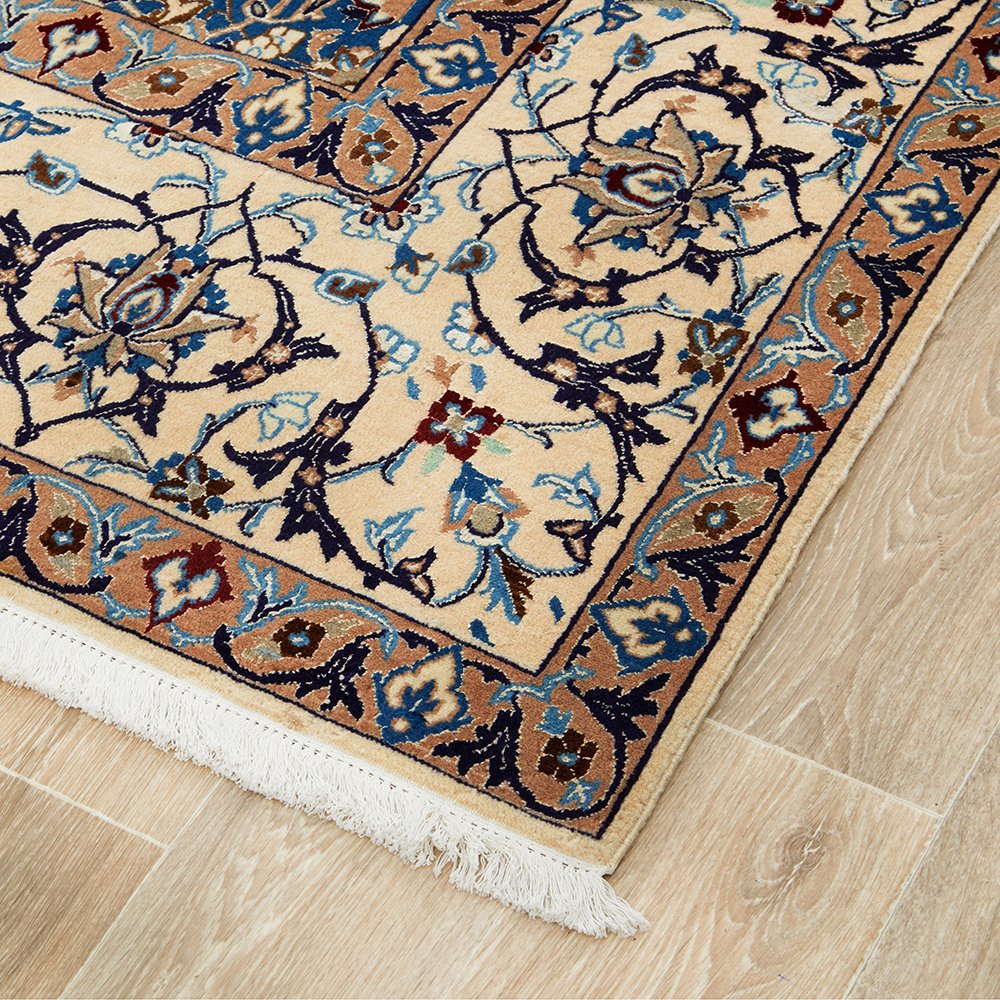 Persian Cream Blue Tan Multi Colour Medallion Floral Patterned Naein Hand Knotted Wool Rug - 3