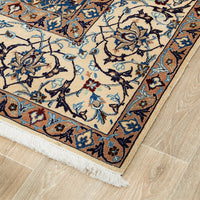 Persian Cream Blue Tan Multi Colour Medallion Floral Patterned Naein Hand Knotted Wool Rug - 3