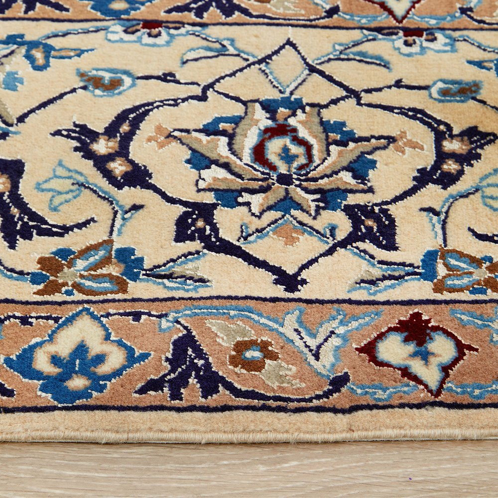 Persian Cream Blue Tan Multi Colour Medallion Floral Patterned Naein Hand Knotted Wool Rug - 4