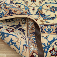 Persian Cream Blue Tan Multi Colour Medallion Floral Patterned Naein Hand Knotted Wool Rug - 7
