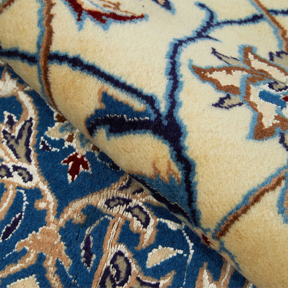 Persian Cream Blue Tan Multi Colour Medallion Floral Patterned Naein Hand Knotted Wool Rug - 8
