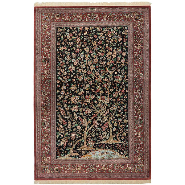 Persian Antique Qum Red Black Multi Coloured Floral Hand Knotted Silk Rug - Rugs Of Beauty - 1