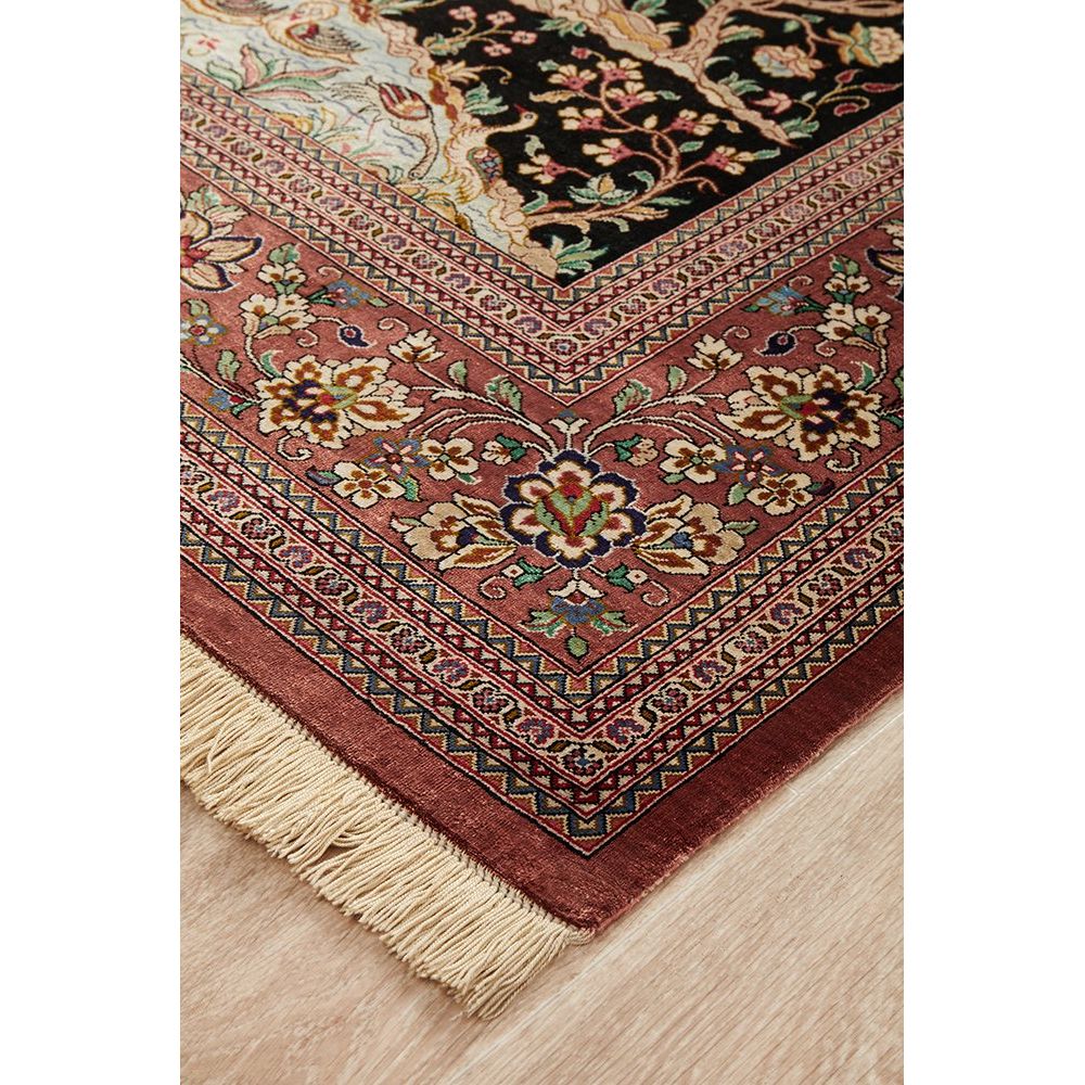 Persian Antique Qum Red Black Multi Coloured Floral Hand Knotted Silk Rug - Rugs Of Beauty - 2