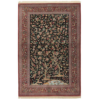 Persian Antique Qum Red Black Multi Coloured Floral Hand Knotted Silk Rug - Rugs Of Beauty - 1