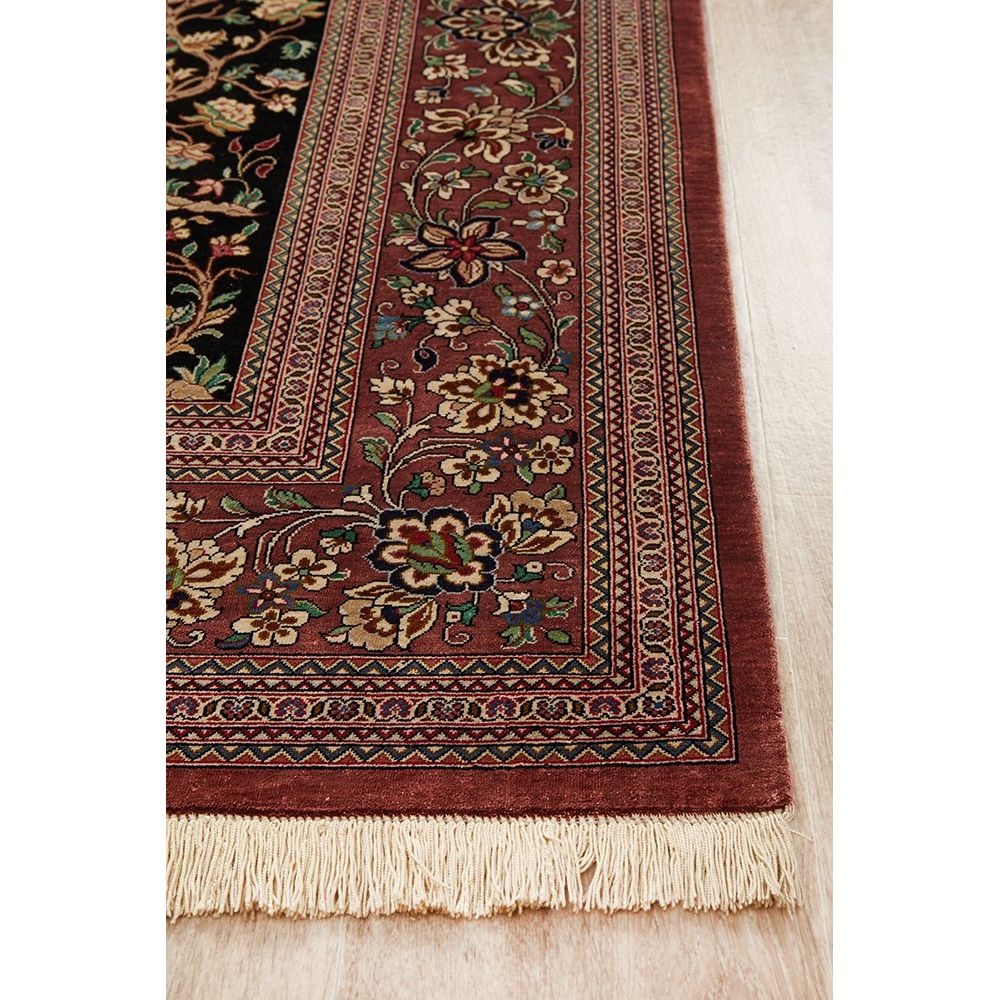 Persian Antique Qum Red Black Multi Coloured Floral Hand Knotted Silk Rug - Rugs Of Beauty - 3