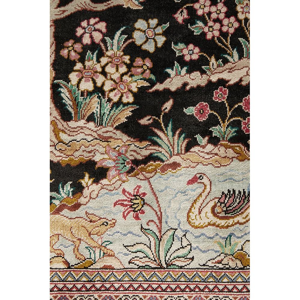 Persian Antique Qum Red Black Multi Coloured Floral Hand Knotted Silk Rug - Rugs Of Beauty - 5