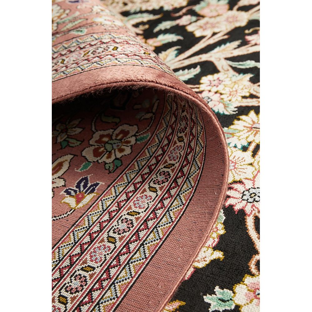 Persian Antique Qum Red Black Multi Coloured Floral Hand Knotted Silk Rug - Rugs Of Beauty - 6