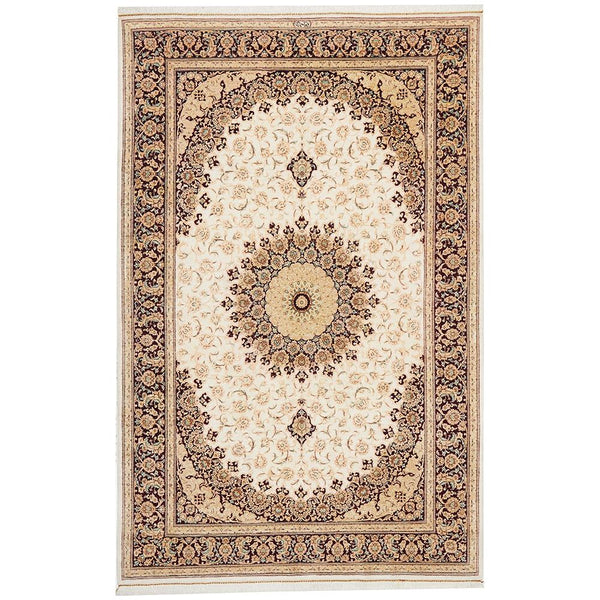 Persian Antique Qum Beige Red Medallion Floral Hand Knotted Silk Rug - Rugs Of Beauty - 1