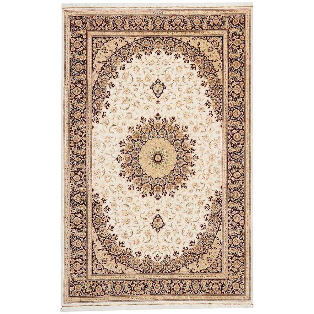 Persian Antique Qum Beige Red Medallion Floral Hand Knotted Silk Rug - Rugs Of Beauty - 1
