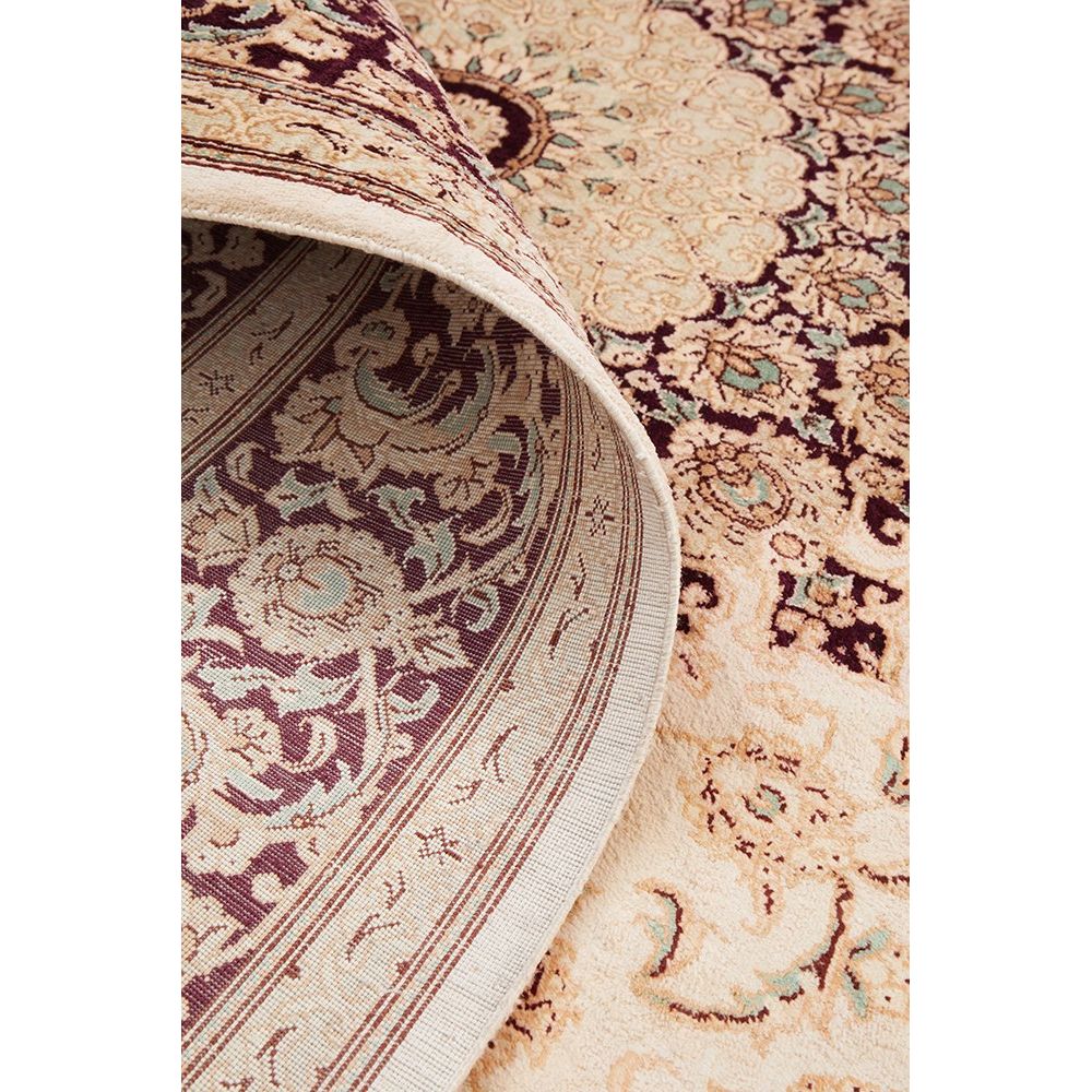 Persian Antique Qum Beige Red Medallion Floral Hand Knotted Silk Rug - Rugs Of Beauty - 7