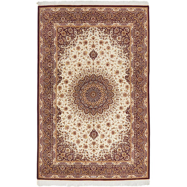 Persian Antique Qum Red Beige Gold Medallion Floral Hand Knotted Silk Rug - Rugs Of Beauty - 1