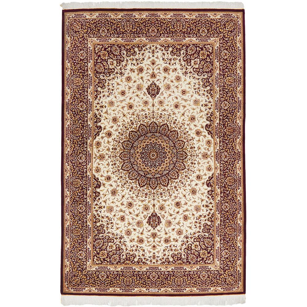 Persian Antique Qum Red Beige Gold Medallion Floral Hand Knotted Silk Rug - Rugs Of Beauty - 1