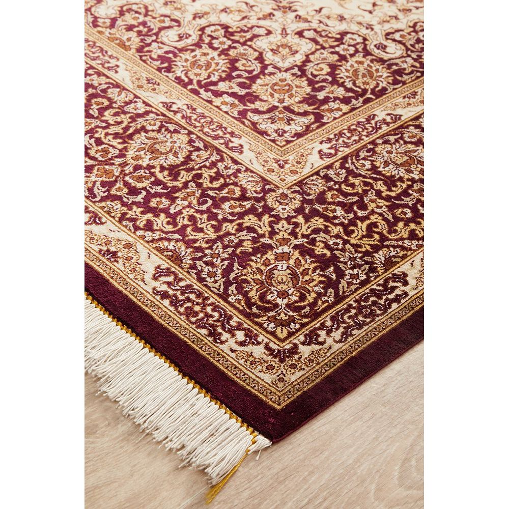 Persian Antique Qum Red Beige Gold Medallion Floral Hand Knotted Silk Rug - Rugs Of Beauty - 2