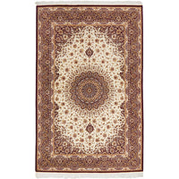 Persian Antique Qum Red Beige Gold Medallion Floral Hand Knotted Silk Rug - Rugs Of Beauty - 1