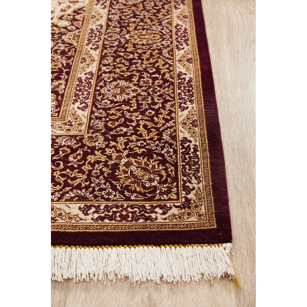 Persian Antique Qum Red Beige Gold Medallion Floral Hand Knotted Silk Rug - Rugs Of Beauty - 3