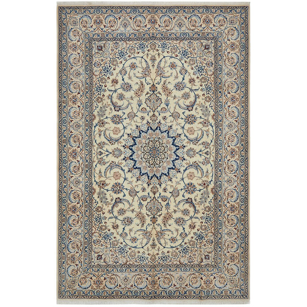 Persian Cream Blue Tan Multi Colour Medallion Floral Patterned Naein Hand Knotted Wool Rug - 1