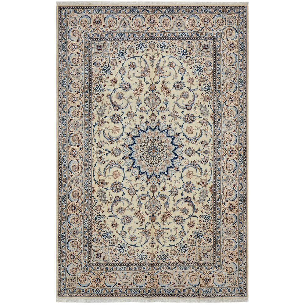 Persian Cream Blue Tan Multi Colour Medallion Floral Patterned Naein Hand Knotted Wool Rug - 1