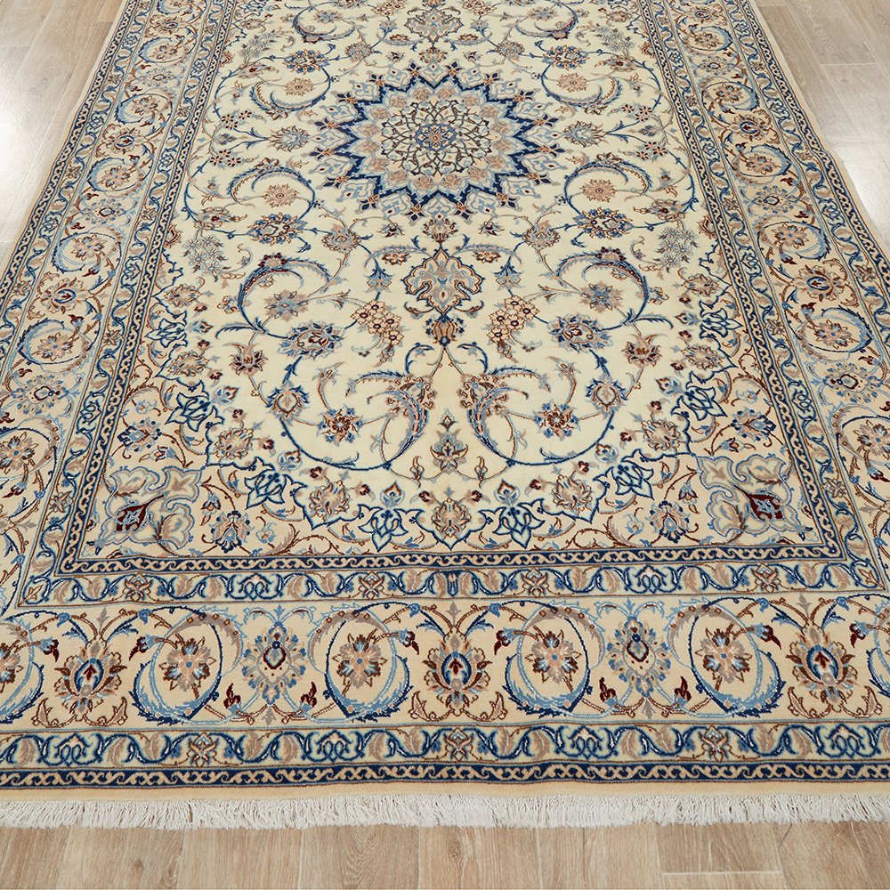Persian Cream Blue Tan Multi Colour Medallion Floral Patterned Naein Hand Knotted Wool Rug - 2