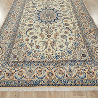 Persian Cream Blue Tan Multi Colour Medallion Floral Patterned Naein Hand Knotted Wool Rug - 2