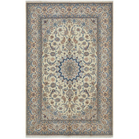 Persian Cream Blue Tan Multi Colour Medallion Floral Patterned Naein Hand Knotted Wool Rug - 1