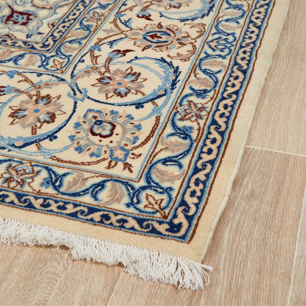 Persian Cream Blue Tan Multi Colour Medallion Floral Patterned Naein Hand Knotted Wool Rug - 3