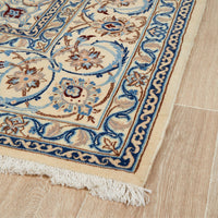 Persian Cream Blue Tan Multi Colour Medallion Floral Patterned Naein Hand Knotted Wool Rug - 3