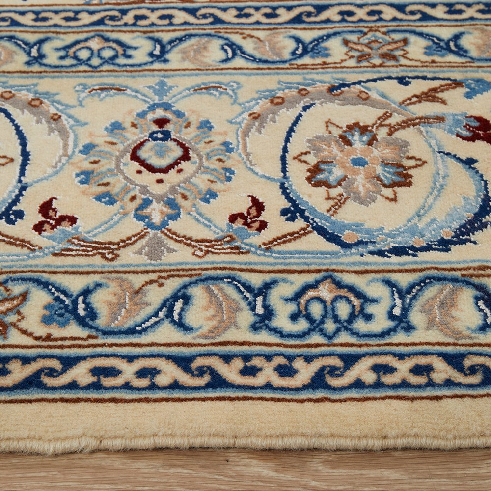 Persian Cream Blue Tan Multi Colour Medallion Floral Patterned Naein Hand Knotted Wool Rug - 4