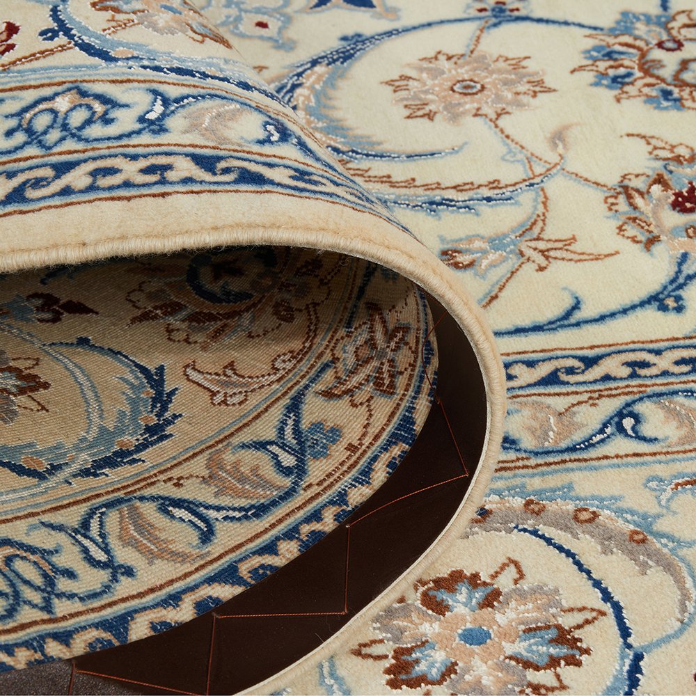 Persian Cream Blue Tan Multi Colour Medallion Floral Patterned Naein Hand Knotted Wool Rug - 7