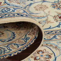 Persian Cream Blue Tan Multi Colour Medallion Floral Patterned Naein Hand Knotted Wool Rug - 7